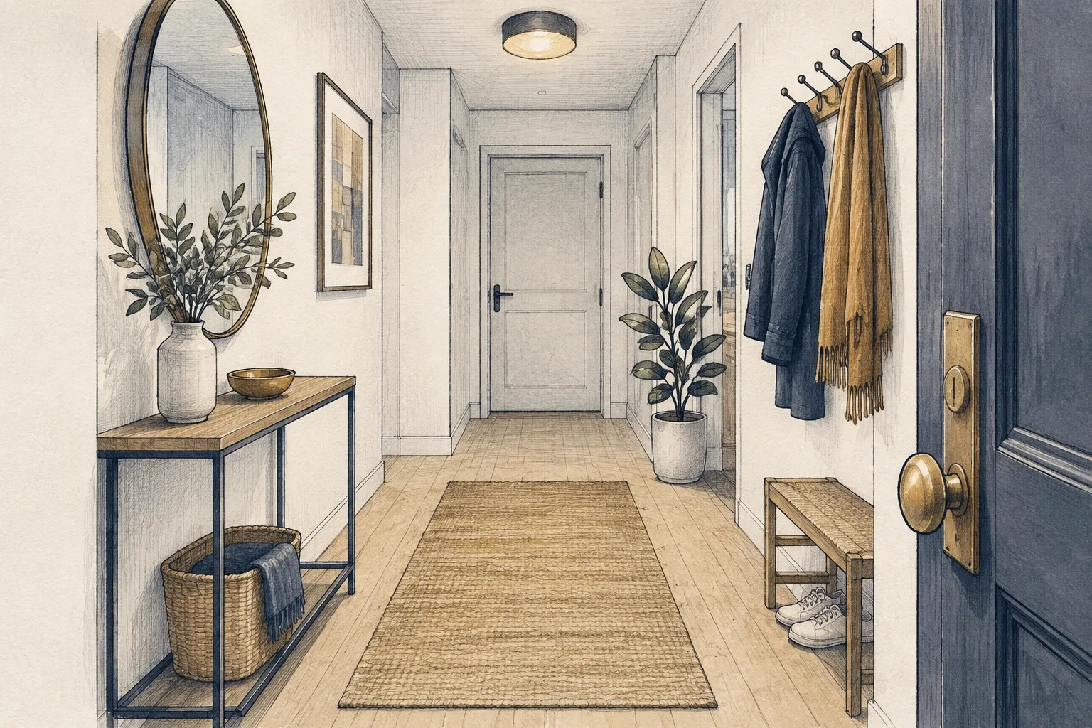 Entrée d’appartement dégagée avec console, miroir sur le mur latéral et plante.