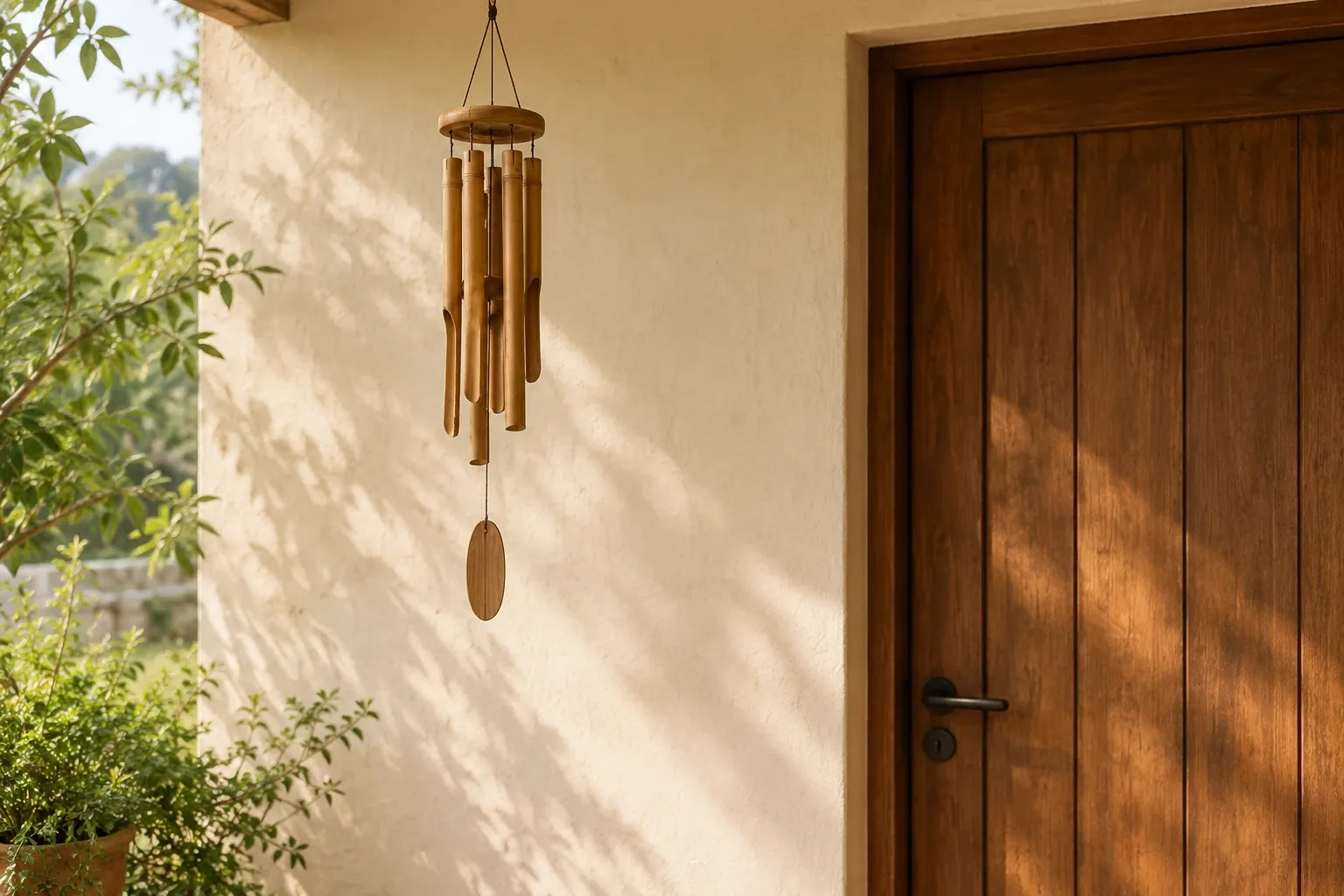 Carillon feng shui en bambou suspendu près d’une porte d’entrée en bois