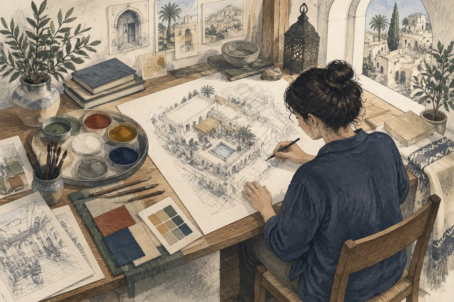 Nuancier en cercle de cinq familles de couleurs, avec pinceaux et échantillons de tissu.