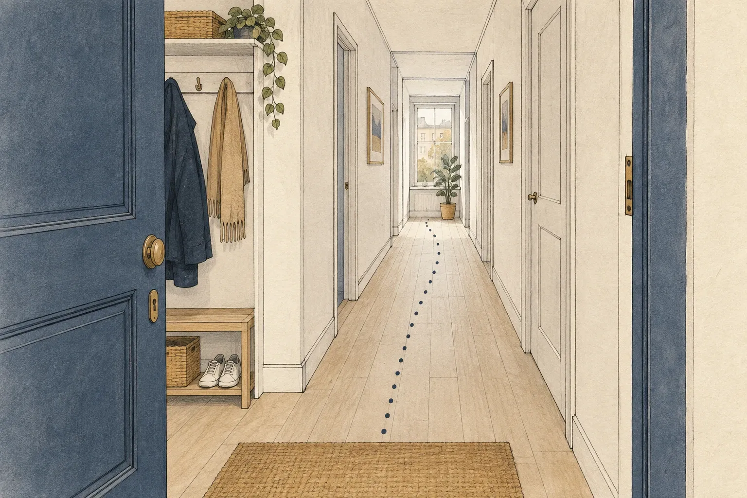 Croquis d’un couloir avec chemin de passage, rangements et fenêtre.