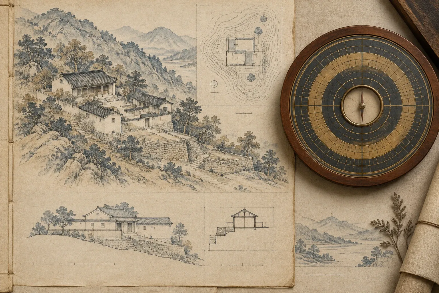 Carnet d’étude avec croquis d’un habitat sur un relief et une boussole traditionnelle.