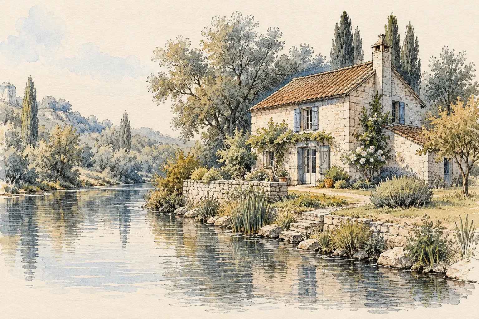 Maison en pierre au bord d'un cours d'eau calme, arbres et reflets dans l'eau