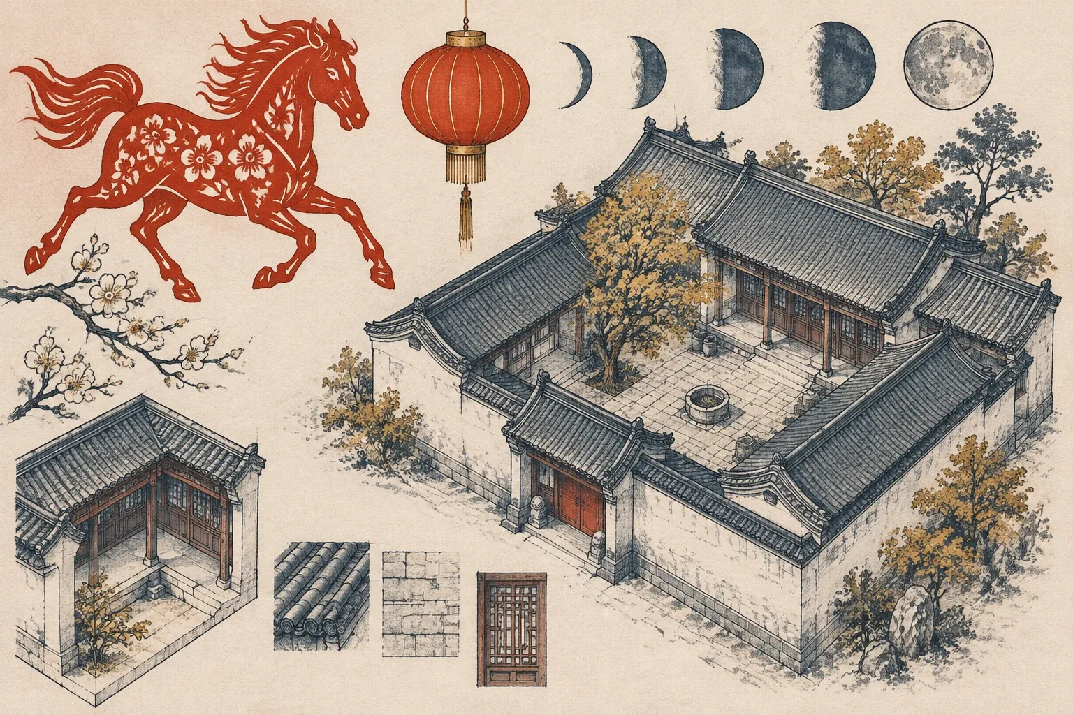 Silhouette de cheval au galop à l’encre, avec papier rouge découpé et lanterne.