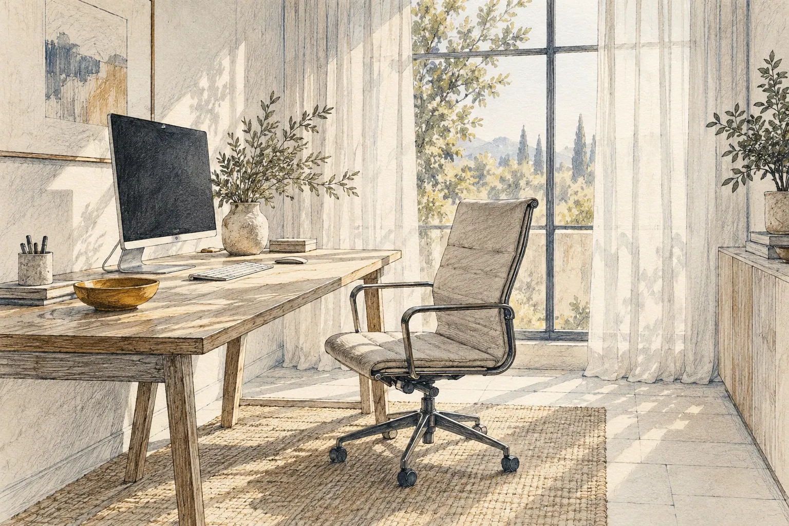 Bureau en bois avec écran et fauteuil devant une fenêtre à voilages