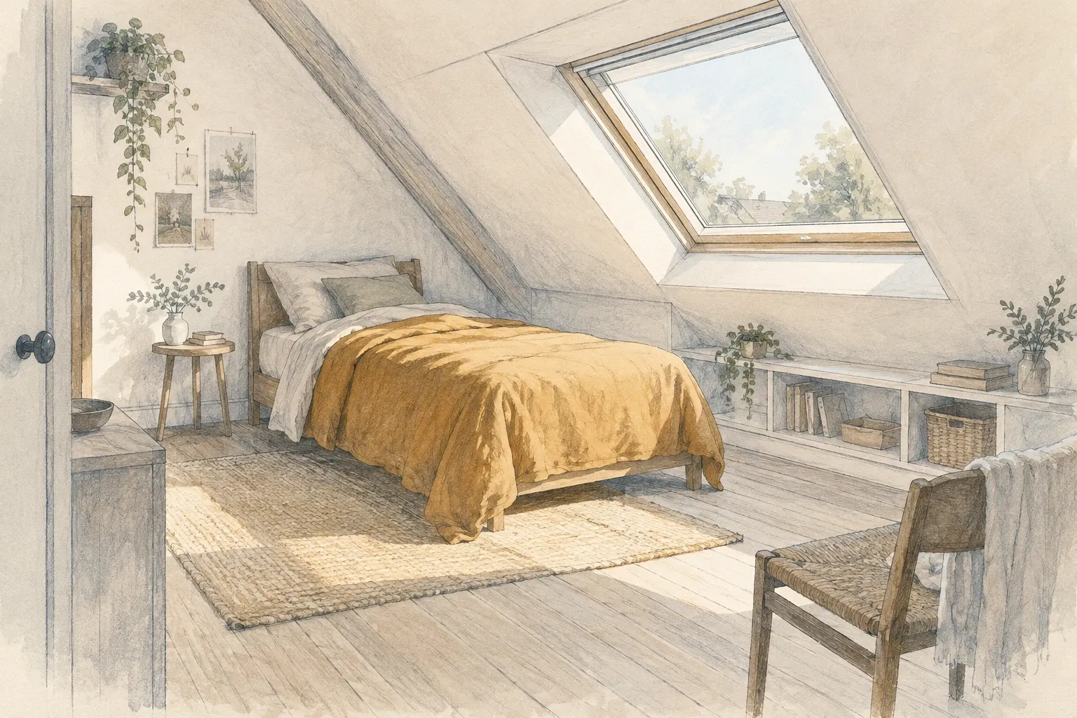 Chambre sous pente lumineuse avec lit moutarde, velux, tapis et plantes vertes