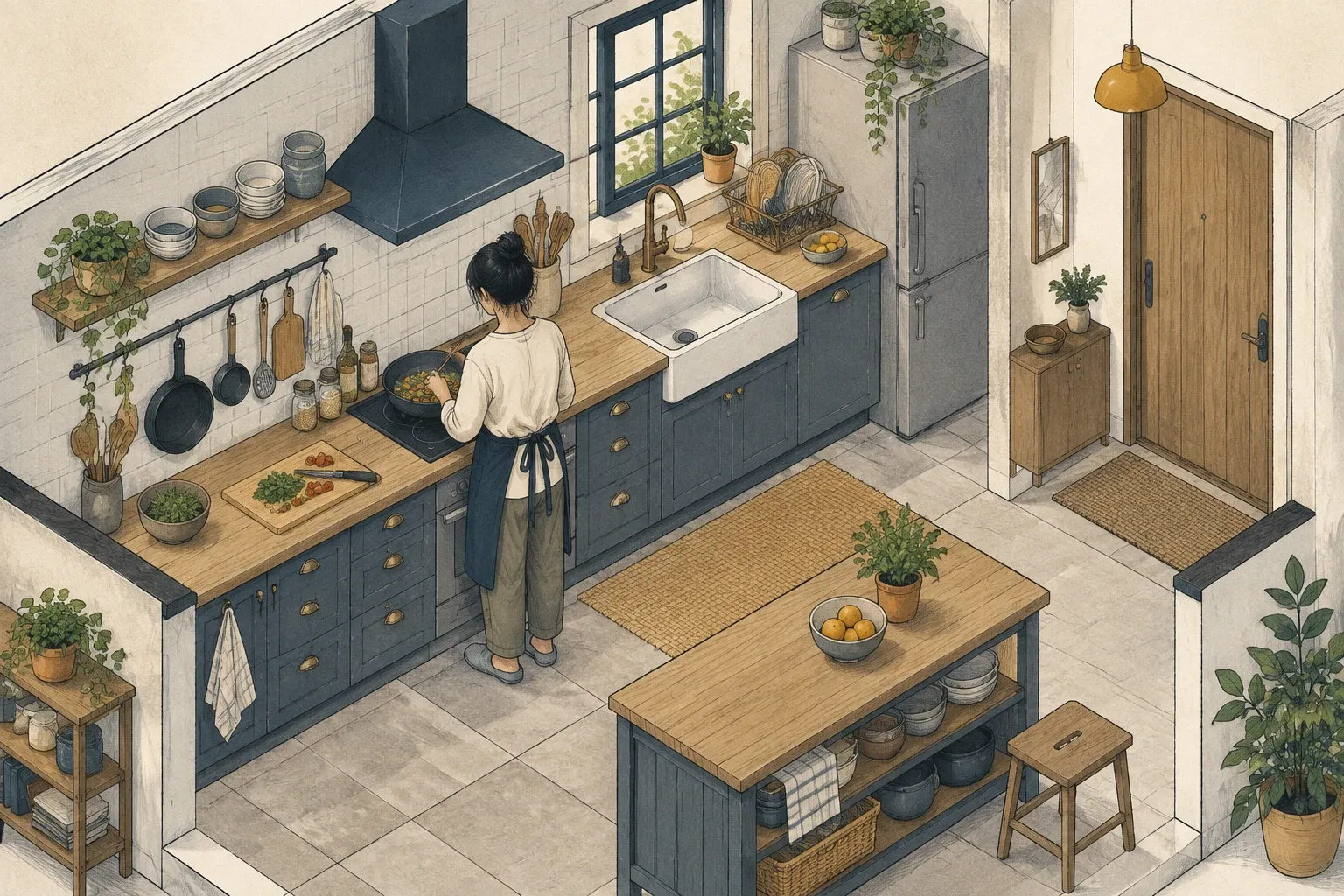 Cuisine où la plaque de cuisson et l’évier sont séparés par un plan de travail en bois.