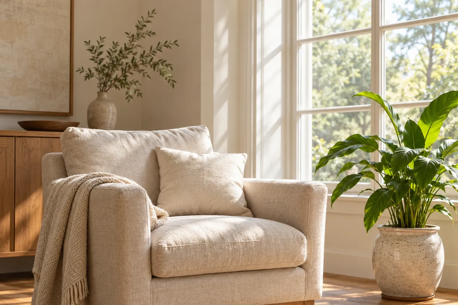 Fauteuil beige moelleux près d'une fenêtre ensoleillée, plante verte en potngulo