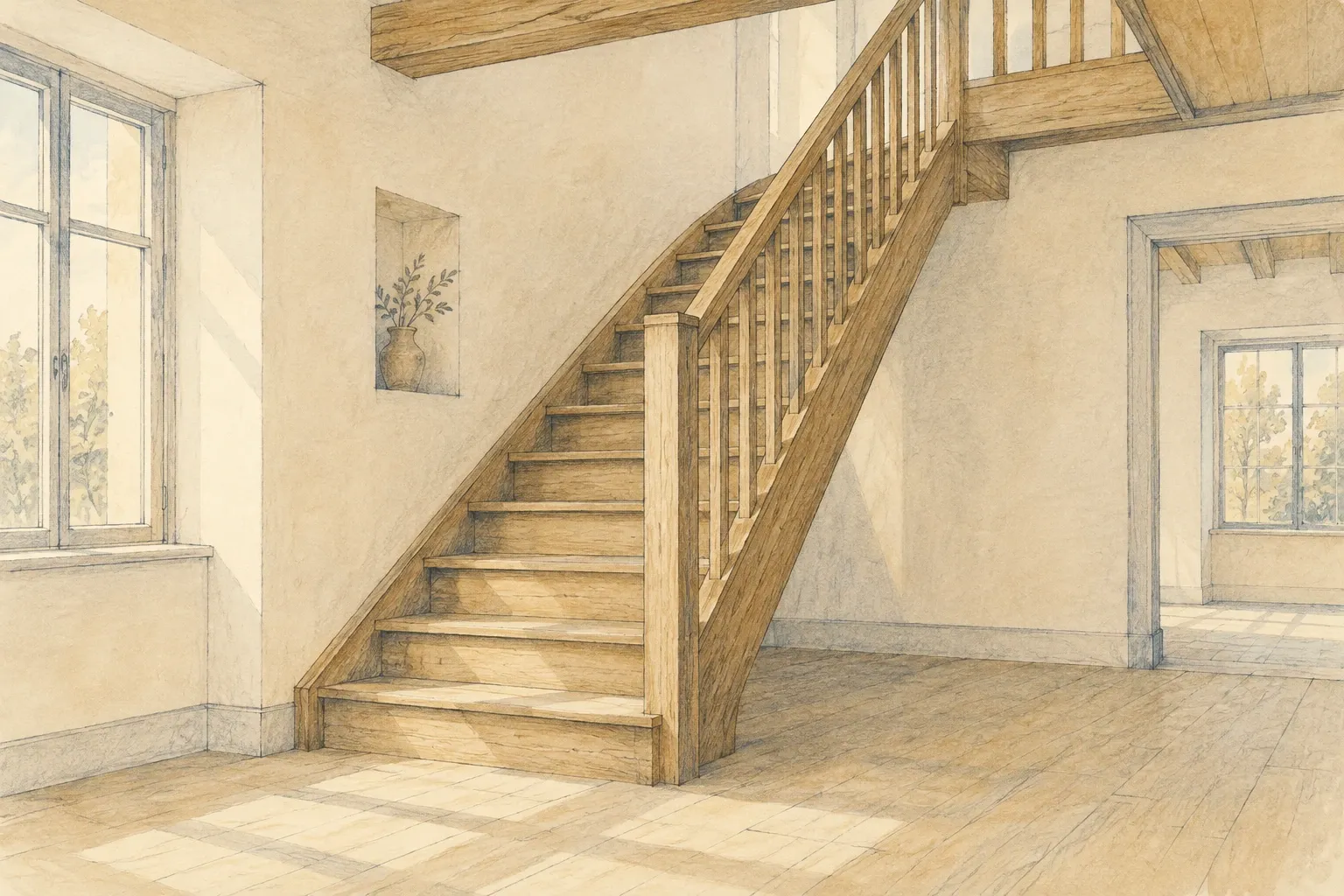 Escalier central en bois bain de lumière naturelle, sol et murs sobres