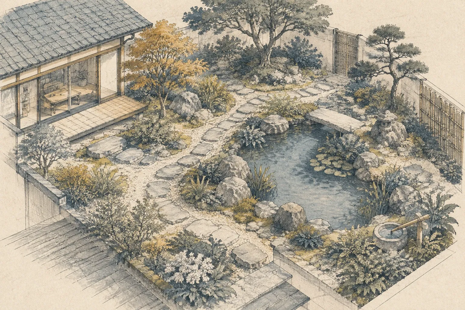 Jardin avec allée de pierres sinueuse, petit bassin et bosquet d’arbres au fond.