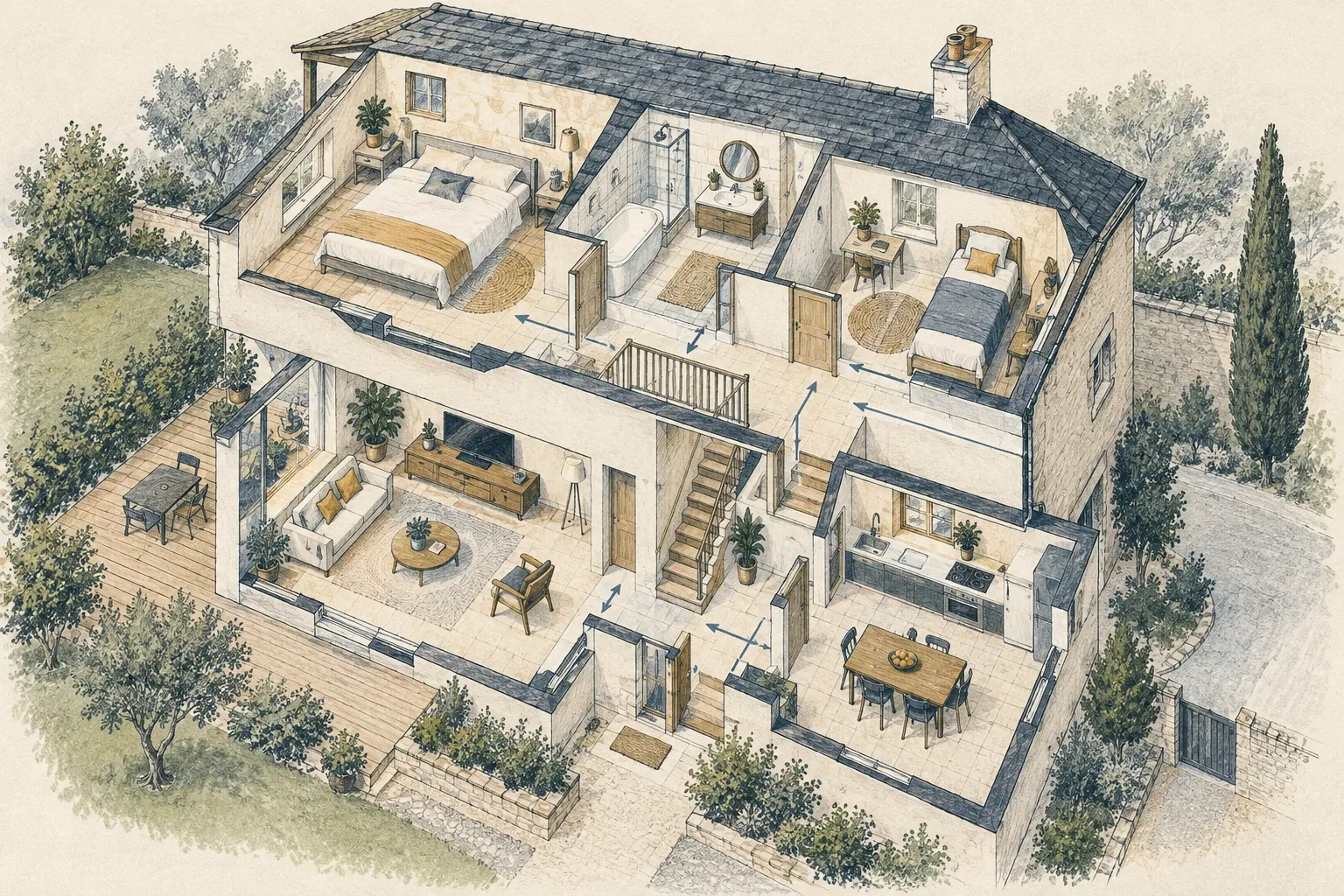 Coupe d’une maison sur deux niveaux montrant l’entrée, le séjour, la cuisine, la chambre et la salle de bain.