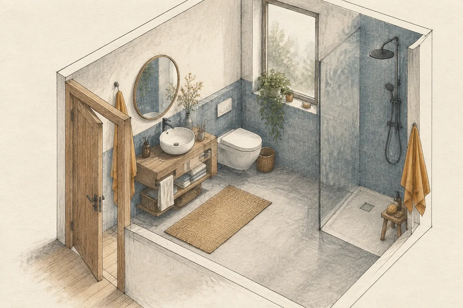 Salle de bain claire avec vasque, miroir rond, serviettes rangées et plante près de la fenêtre.