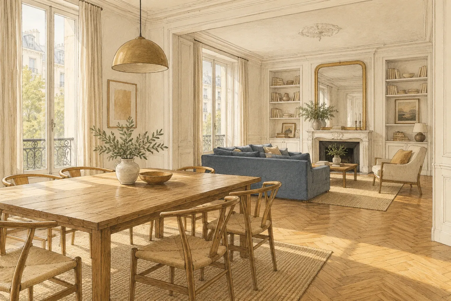 Salle à manger et salon lumineux avec grande table en bois et canapé bleu