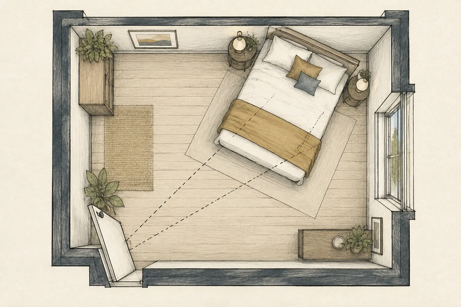 Plan de chambre vu du dessus montrant le lit en diagonale de la porte, tête contre un mur plein.