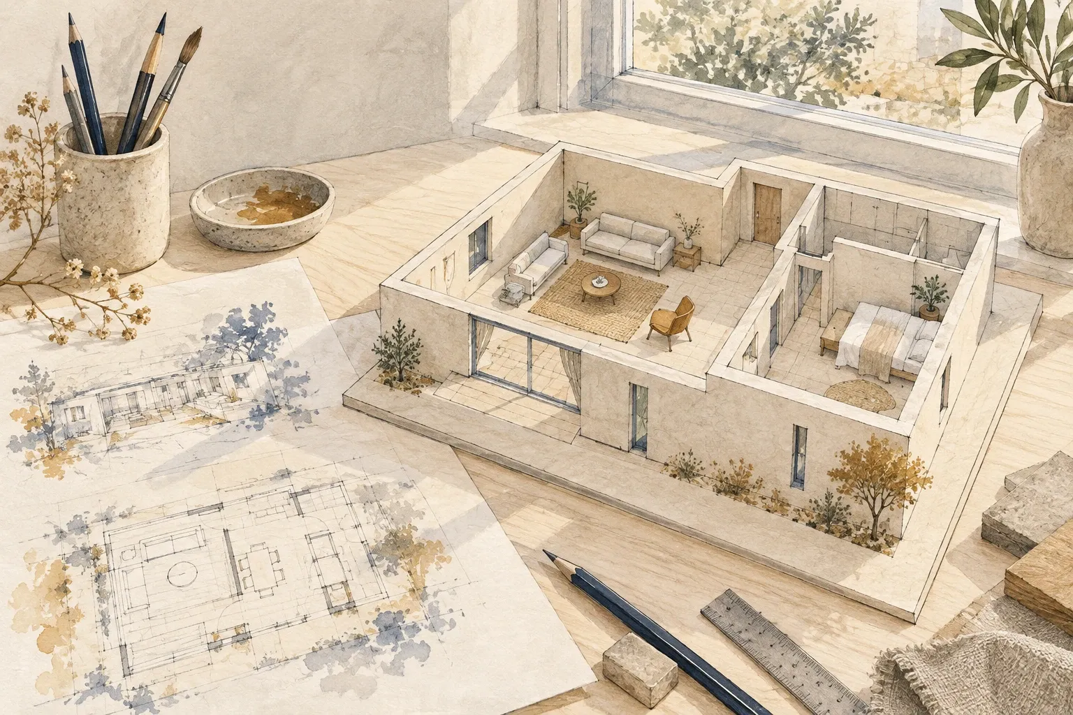 Maquette de plan de maison feng shui sur bureau en bois, plantes, croquis alentours