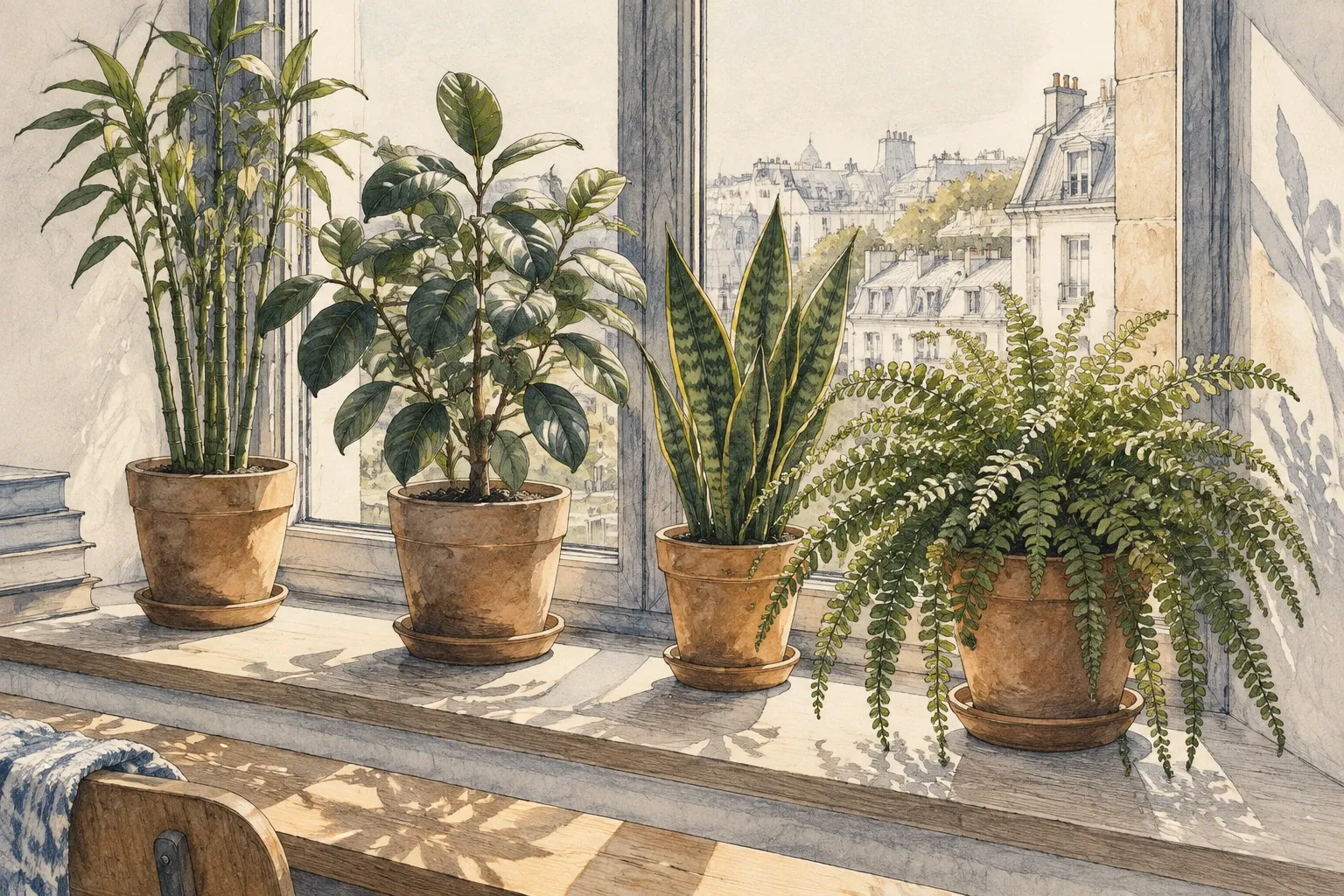 Plantes d’intérieur en pots de terre cuite alignées sur un rebord de fenêtre.